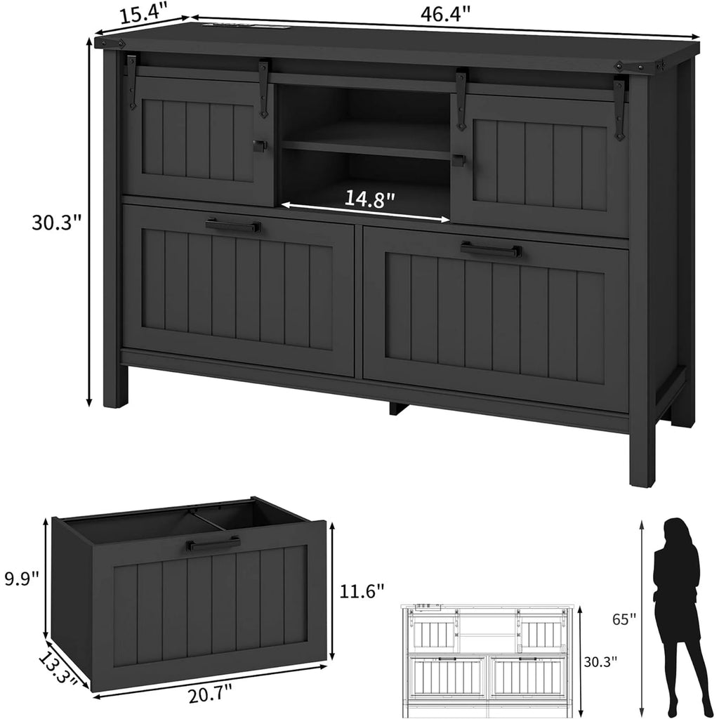 FIAKOA Farmhouse 2-Drawer Lateral File Cabinet, Filing Cabinet with Sliding Doors & Charge Station, Printer Stand Cabinets for Home Office, Black