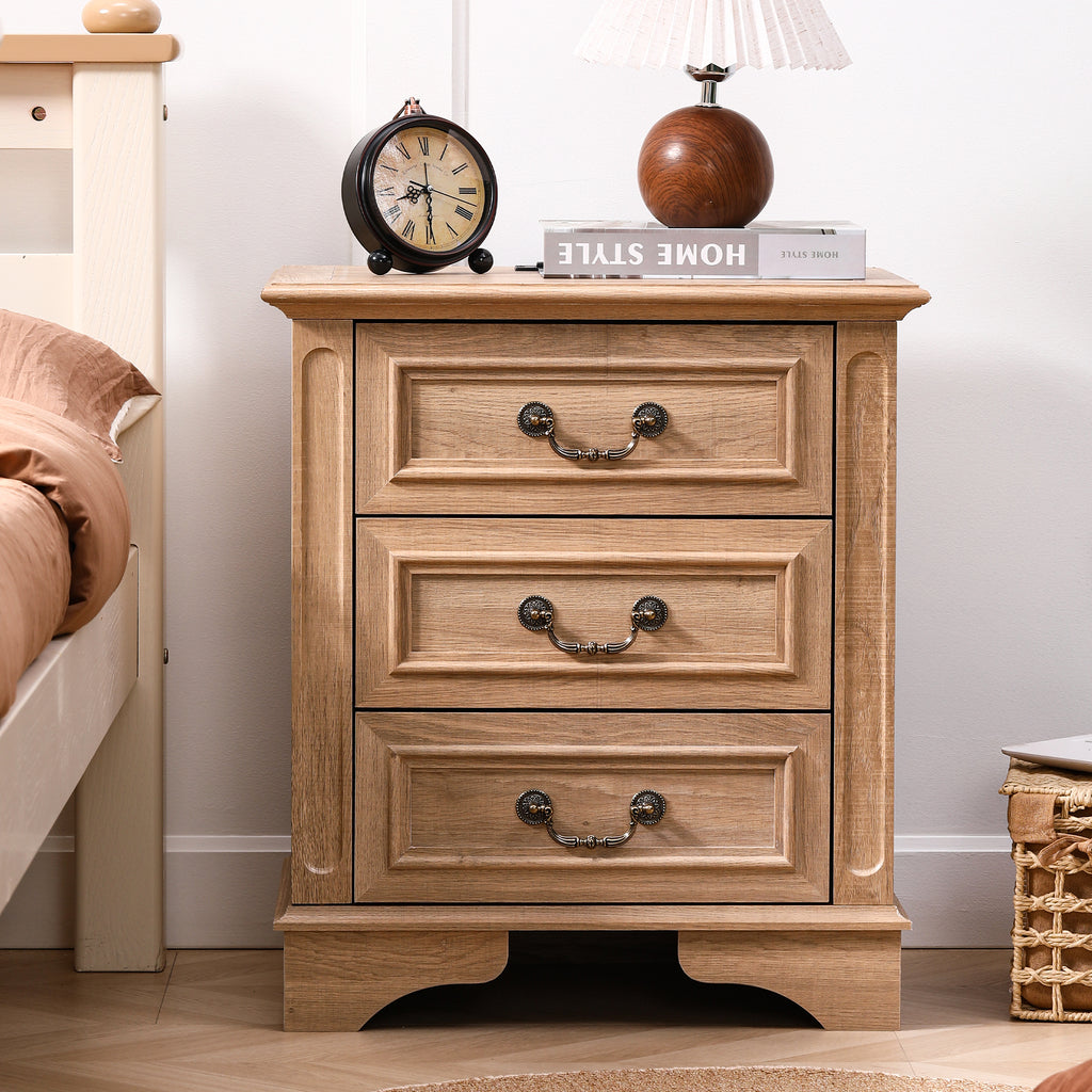 FIAKOA Farmhouse 3 Drawer Nightstand set of 2 for Bedroom, Rustic Bedside Table for Livingroom, Oak