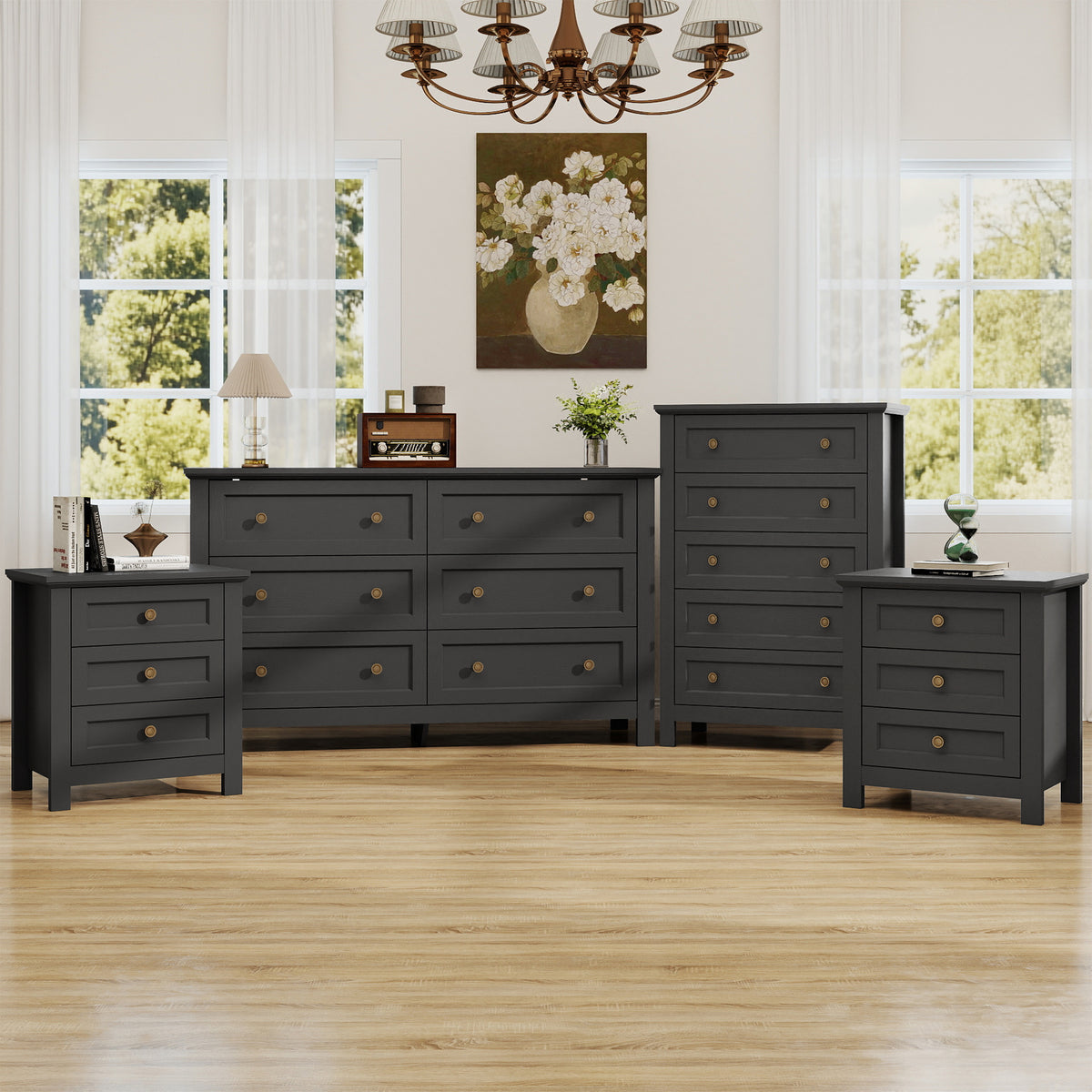 Goealvce Bedroom Dresser Set & Nightstands set for Bedroom, Farmhouse Complete Bedroom Furniture Set with Spacious Storage, 4 Piece, Black