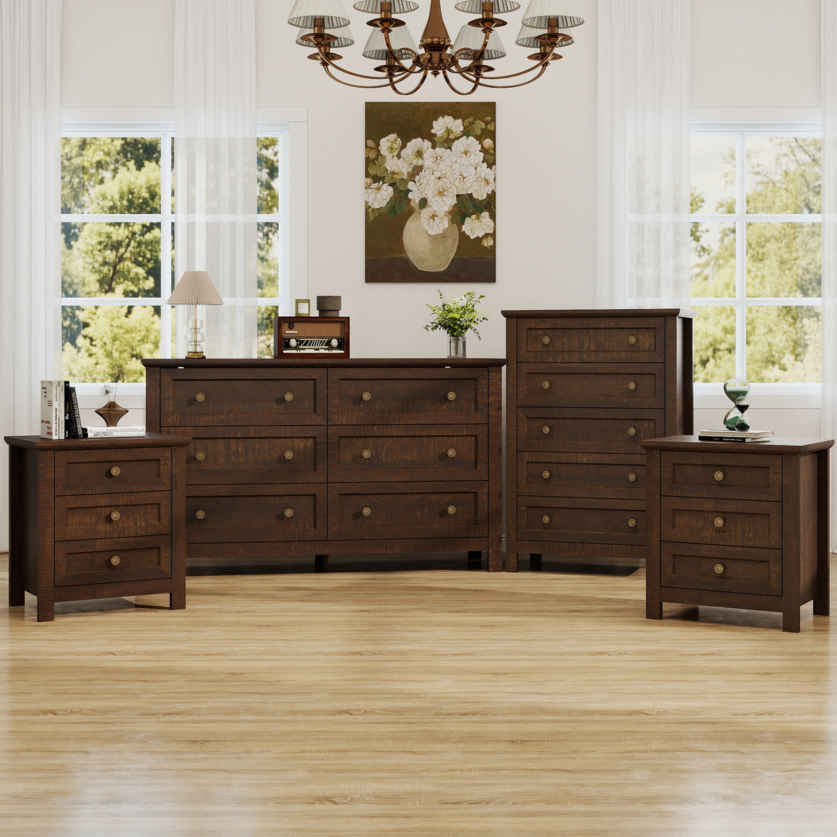 Goealvce Bedroom Dresser Set & Nightstands set for Bedroom, Farmhouse Complete Bedroom Furniture Set with Spacious Storage, 4 Piece, Walnut Brown