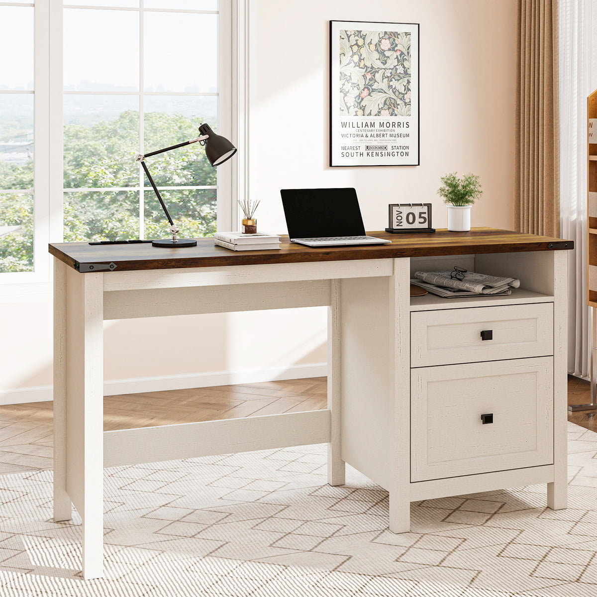 Goealvce 45"Executive Desk , Farmhouse White Desk with Drawers & Cabinet, Small Office Computer Desk for Writing Reading