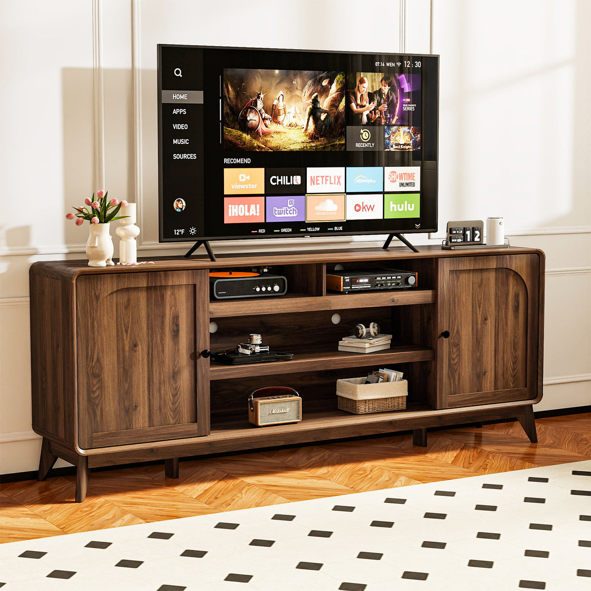 FIAKOA 70 inch Farmhouse TV Stand for 75 inch TV, Mid Century Entertainment Center with Movable Door & Fireplace Insert Ready, Modern Media Console Table for Living Room, Walnut Brown