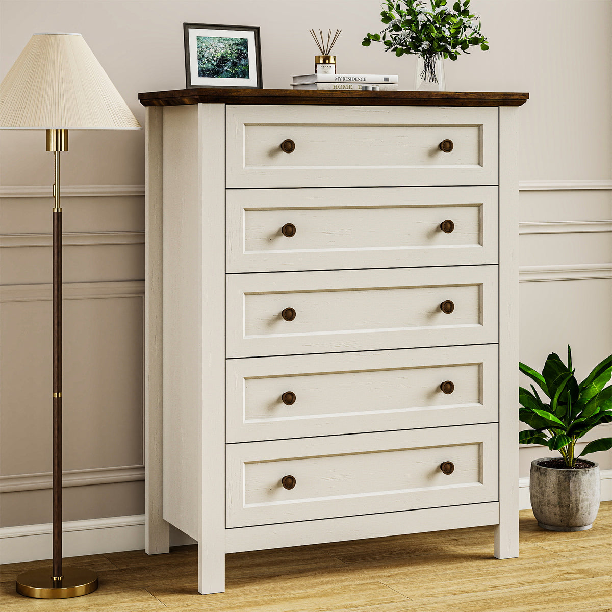 Goealvce 5 Drawer Dresser for Bedroom, Retro Wood Storage Cabinet with Bronze Handles, Vintage Chest of Drawers with Large Storage Space for Living Room, Hallway, Entryway, Guest Room, White