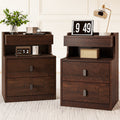 Goealvce 2 Drawer Nightstands for Bedroom Set of 2 with Charging Station & LED Lights, Farmhouse Night Stand with Open Shelf, wood Rustic Bedside Table Night Stands for Bedroom, Walnut Brown
