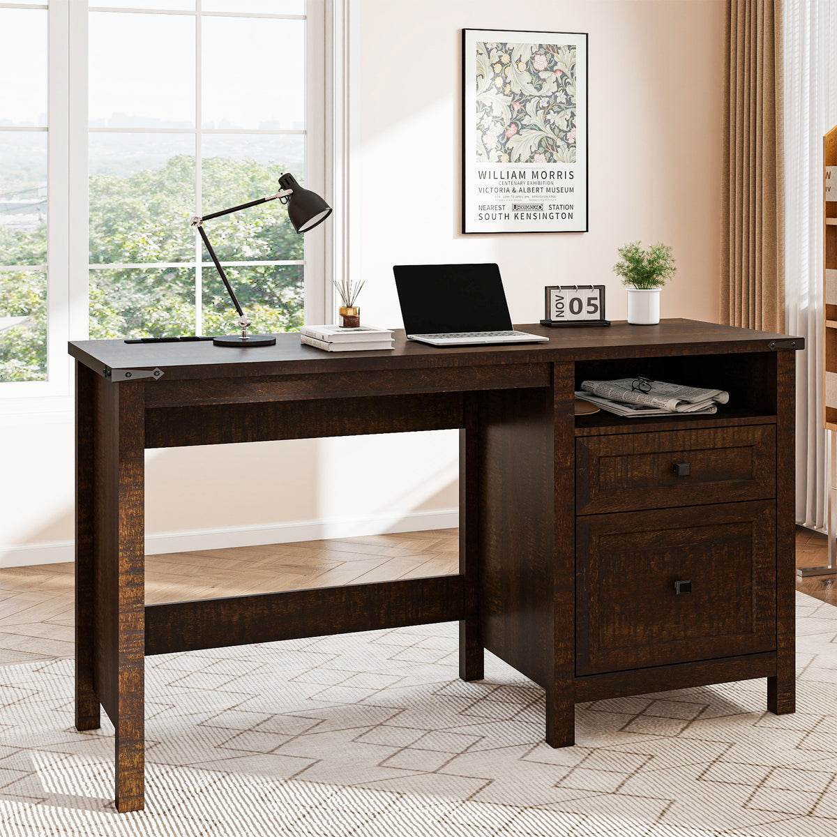 Goealvce 45"Executive Desk , Farmhouse Desk with Drawers & Cabinet, Small Office Computer Desk for Writing Reading, Walnut Brown