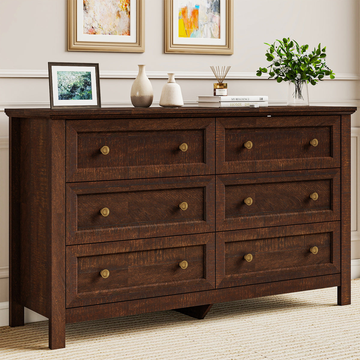 Goealvce Bedroom Dresser Set & Nightstands set for Bedroom, Farmhouse Complete Bedroom Furniture Set with Spacious Storage, 4 Piece, Walnut Brown