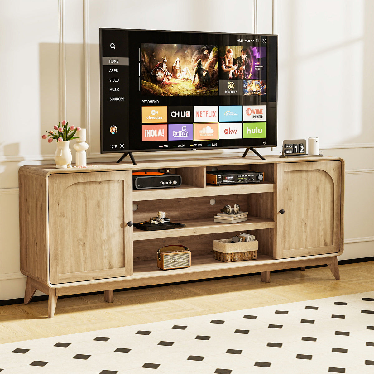 FIAKOA 70 inch Farmhouse TV Stand for 75 inch TV, Mid Century Entertainment Center with Movable Door & Fireplace Insert Ready, Modern Media Console Table for Living Room, Nature