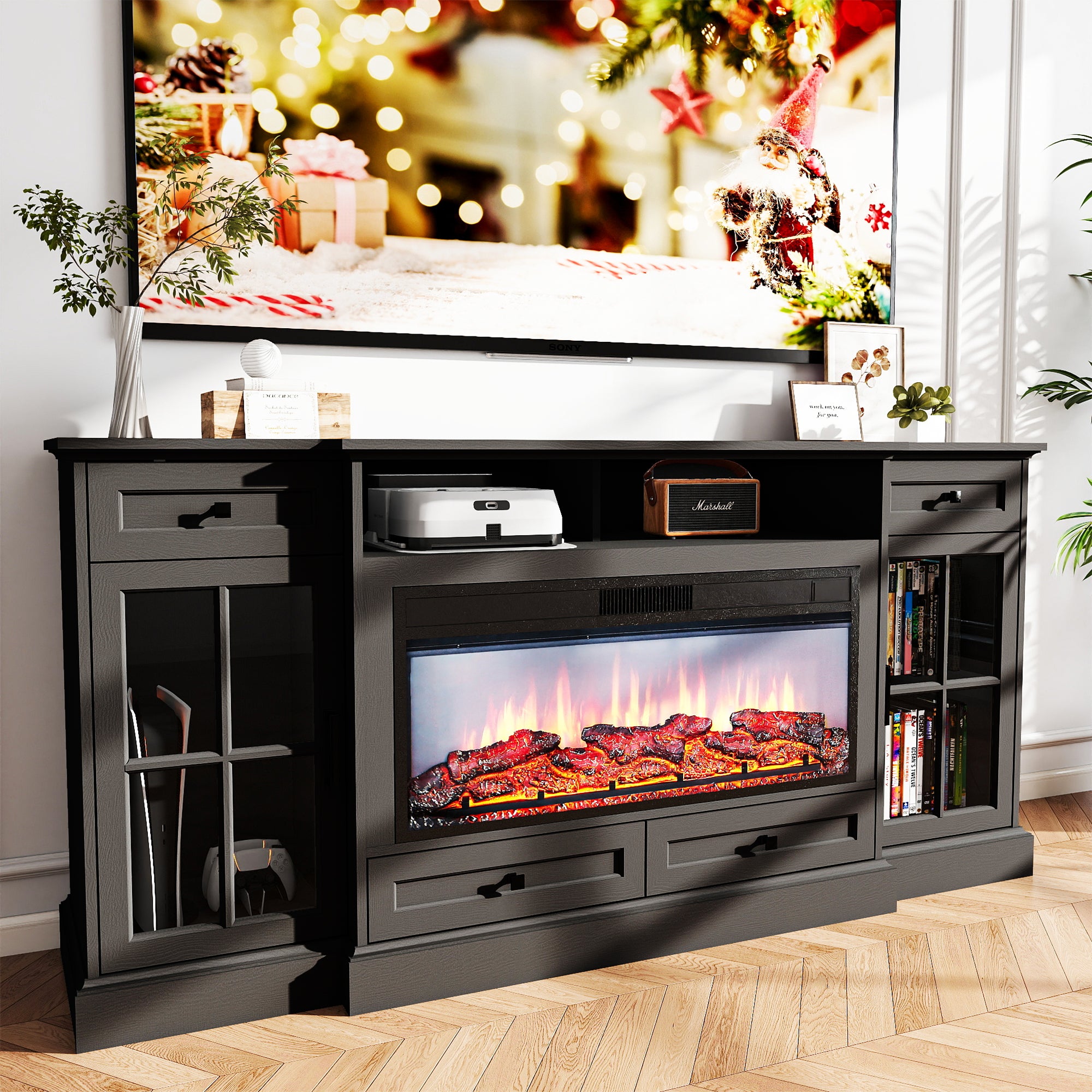 FIAKOA 70” electric Fireplace TV Stand for 75" TVs, Fireplace Entertainment Center with LED Lights, Wood TV Stand with 34" Fireplace for Living Room, Black