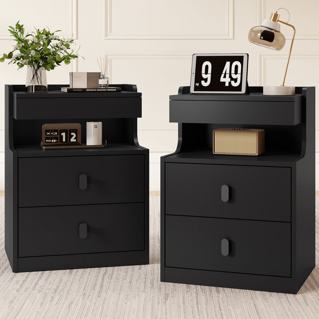 Goealvce 2 Drawer Nightstands for Bedroom Set of 2 with Charging Station & LED Lights, Farmhouse Night Stand with Open Shelf, wood Rustic Bedside Table Night Stands for Bedroom, Black