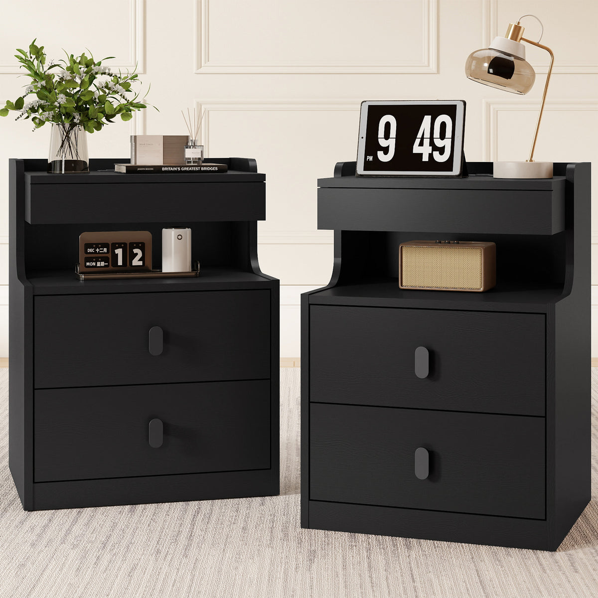 Goealvce 2 Drawer Nightstands for Bedroom Set of 2 with Charging Station & LED Lights, Farmhouse Night Stand with Open Shelf, wood Rustic Bedside Table Night Stands for Bedroom, Black