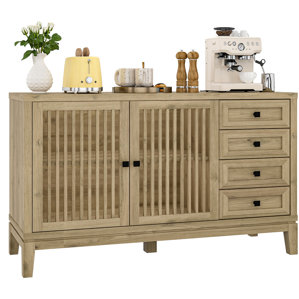 FIAKOA 47" Farmhouse Buffet Cabinet with Storage, Nature Sideboard Cabinet with Grille-Striped Doors & Adjustable Shelf, Kitchen Coffee Bar Credenza for Dining Room
