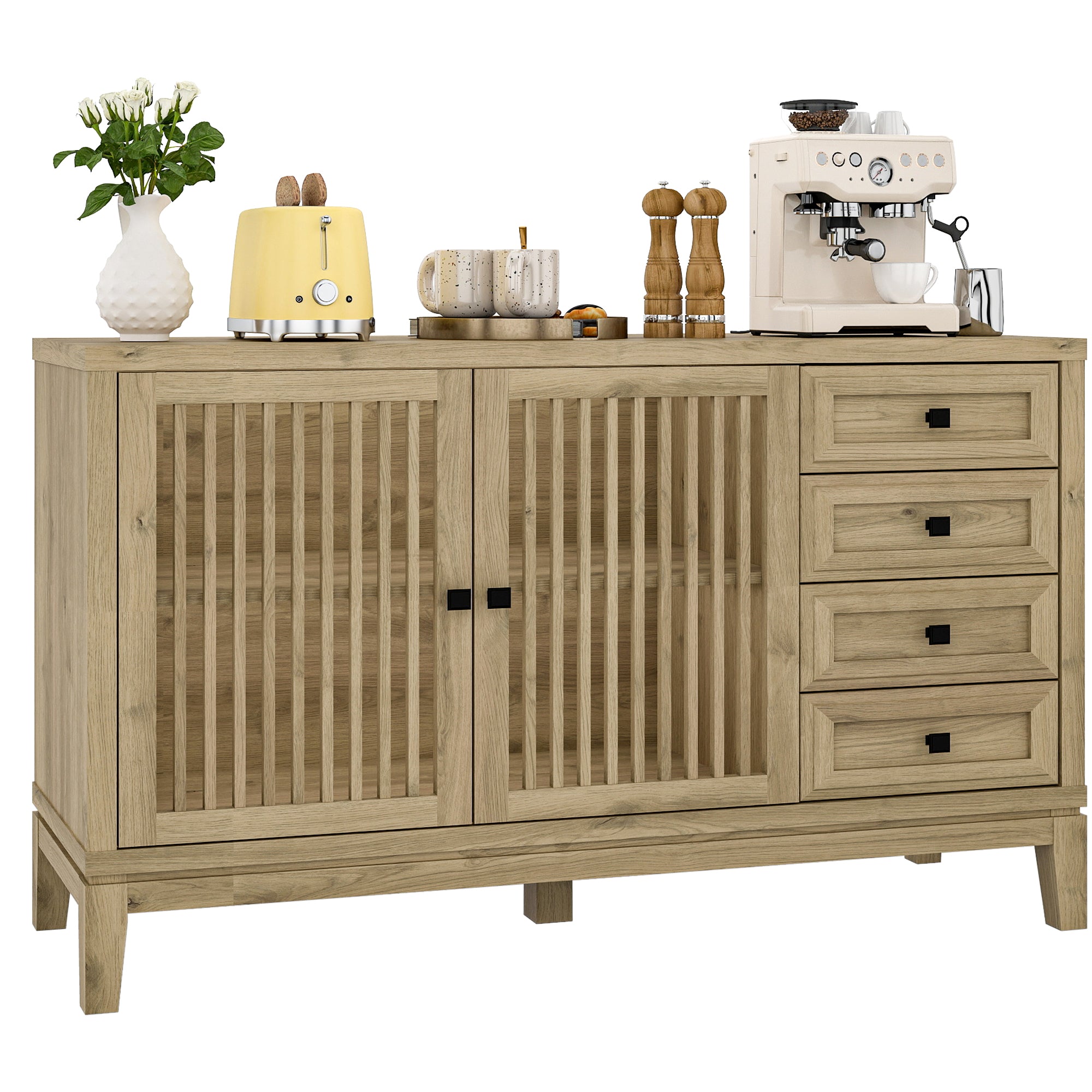 FIAKOA 47" Farmhouse Buffet Cabinet with Storage, Nature Sideboard Cabinet with Grille-Striped Doors & Adjustable Shelf, Kitchen Coffee Bar Credenza for Dining Room