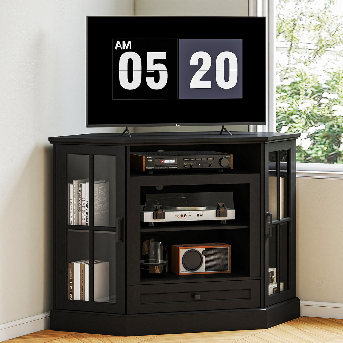 FIAKOA Farmhouse Corner TV Stand for 50 inch TV, Mid Century Entertainment Center with Glass Door, Modern Media Console Table for Living Room, Black