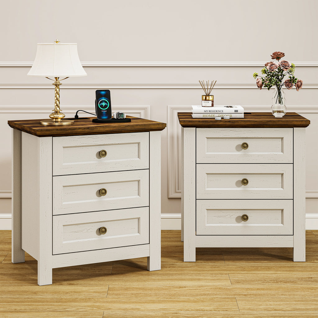 Goealvce 3 Drawer Nightstands for Bedroom Set of 2 , Farmhouse White Night Stand with Charging Station, wood Rustic Bedside Table Night Stands for Bedroom, Living Room, Nursery, Dorm