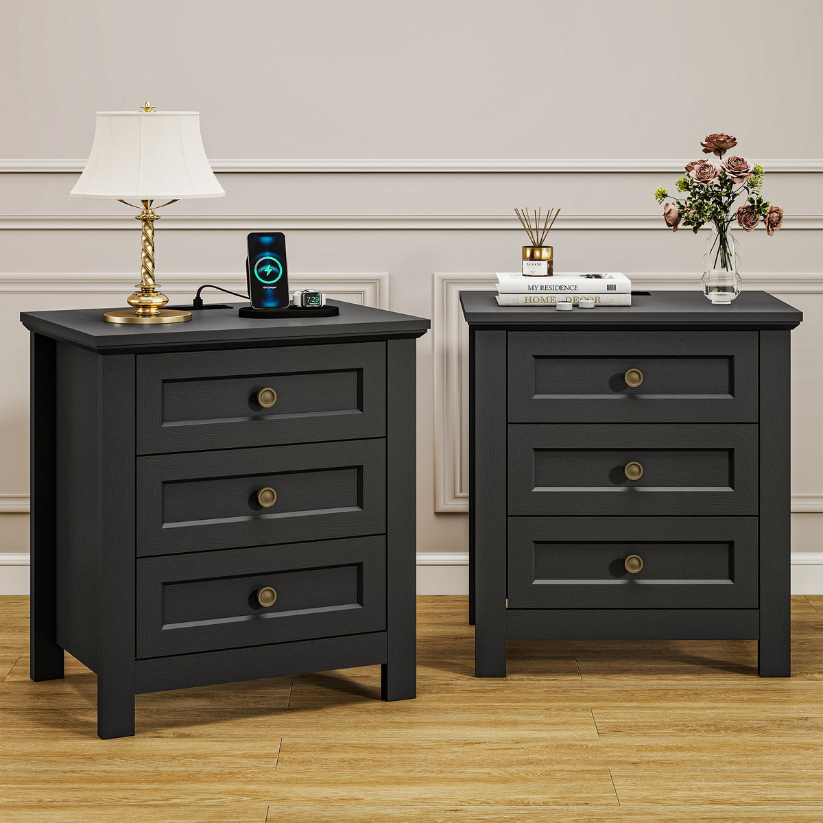 Goealvce 3 Drawer Nightstands for Bedroom Set of 2 , Farmhouse Night Stand with Charging Station, wood Rustic Bedside Table Night Stands for Bedroom, Living Room, Black