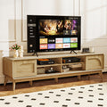 FIAKOA 70 inch Farmhouse TV Stand for 75 inch TV, Mid Century Entertainment Center with Movable Door & Adjustable Shelf, Modern Media Console Table for Living Room, Nature