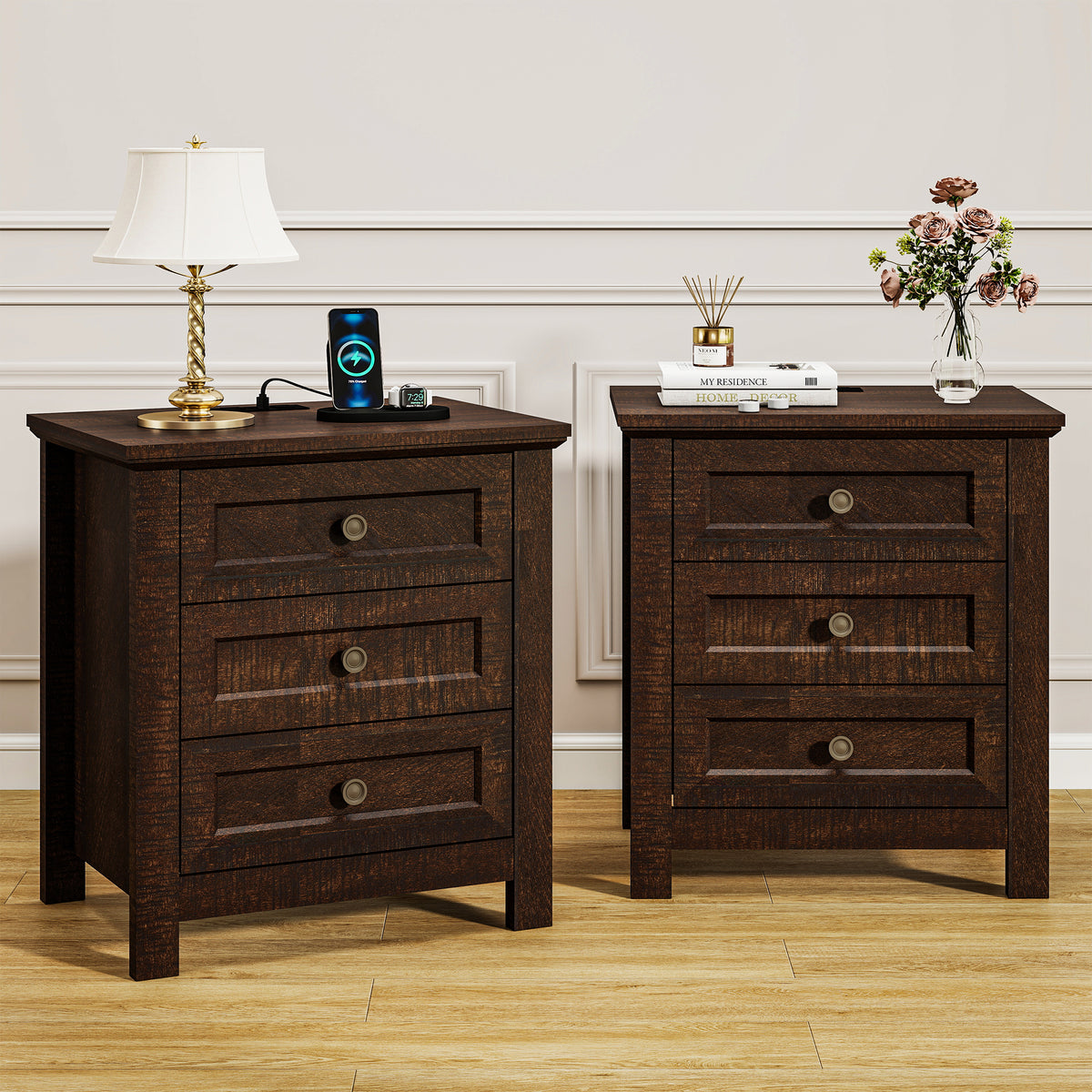 Goealvce 3 Drawer Nightstands for Bedroom Set of 2 , Farmhouse Night Stand with Charging Station, wood Rustic Bedside Table Night Stands for Bedroom, Living Room, Nursery, Walnut Brown
