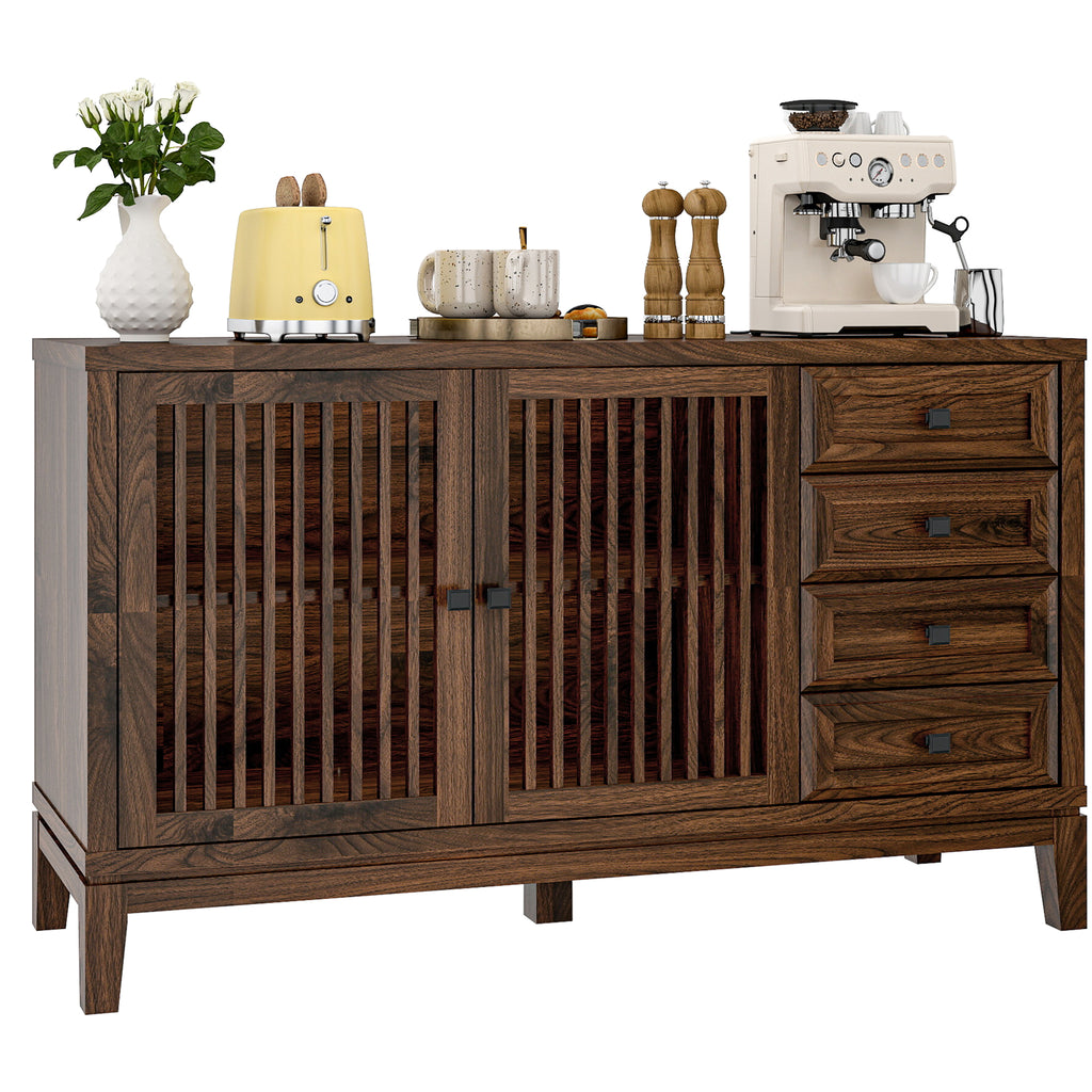 FIAKOA 47" Farmhouse Buffet Cabinet with Storage, Walnut Brown Sideboard Cabinet with Grille-Striped Doors & Adjustable Shelf, Kitchen Coffee Bar Credenza for Dining Room