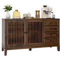 FIAKOA 47" Farmhouse Buffet Cabinet with Storage, Walnut Brown Sideboard Cabinet with Grille-Striped Doors & Adjustable Shelf, Kitchen Coffee Bar Credenza for Dining Room