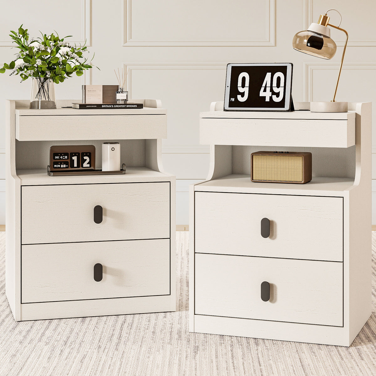 Goealvce 2 Drawer Nightstands for Bedroom Set of 2 with Charging Station & LED Lights, Farmhouse White Night Stand with Open Shelf, wood Rustic Bedside Table Night Stands for Bedroom