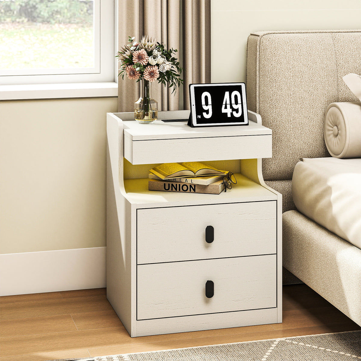 Goealvce 2 Drawer Nightstands for Bedroom Set of 2 with Charging Station & LED Lights, Farmhouse White Night Stand with Open Shelf, wood Rustic Bedside Table Night Stands for Bedroom