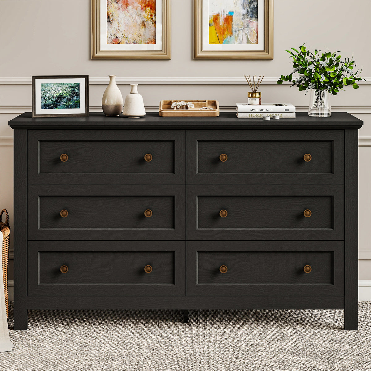 Goealvce 6 Drawer Dresser for Bedroom, Wood Chest of Drawer with Large Storage Space, Retro Storage Cabinet for Living Room, Black