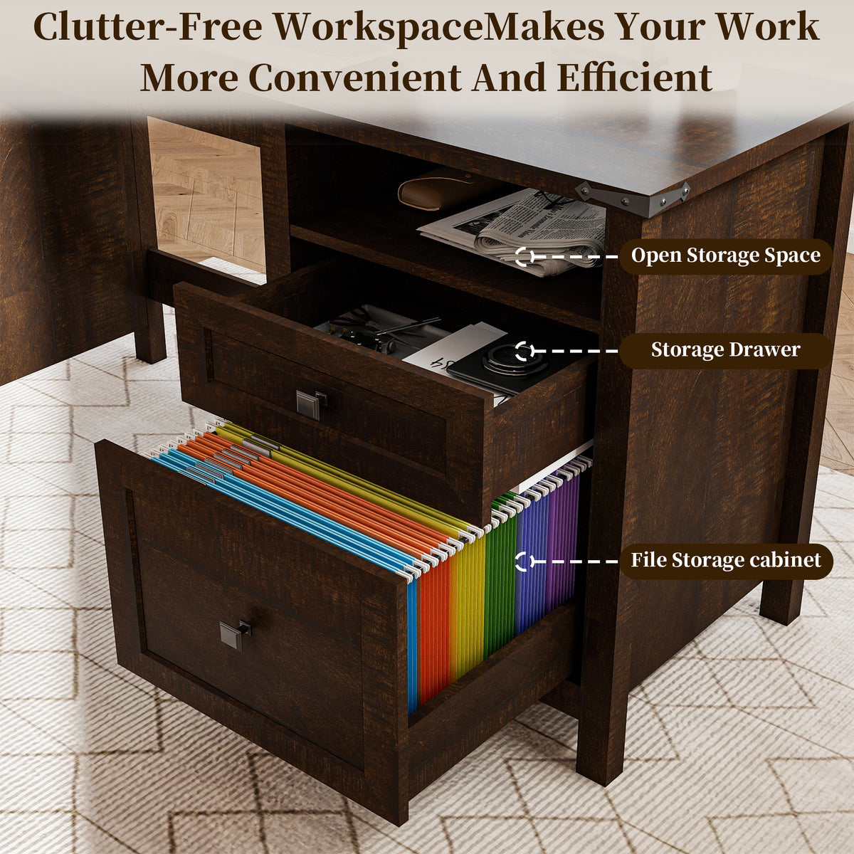 Goealvce 45"Executive Desk , Farmhouse Desk with Drawers & Cabinet, Small Office Computer Desk for Writing Reading, Walnut Brown