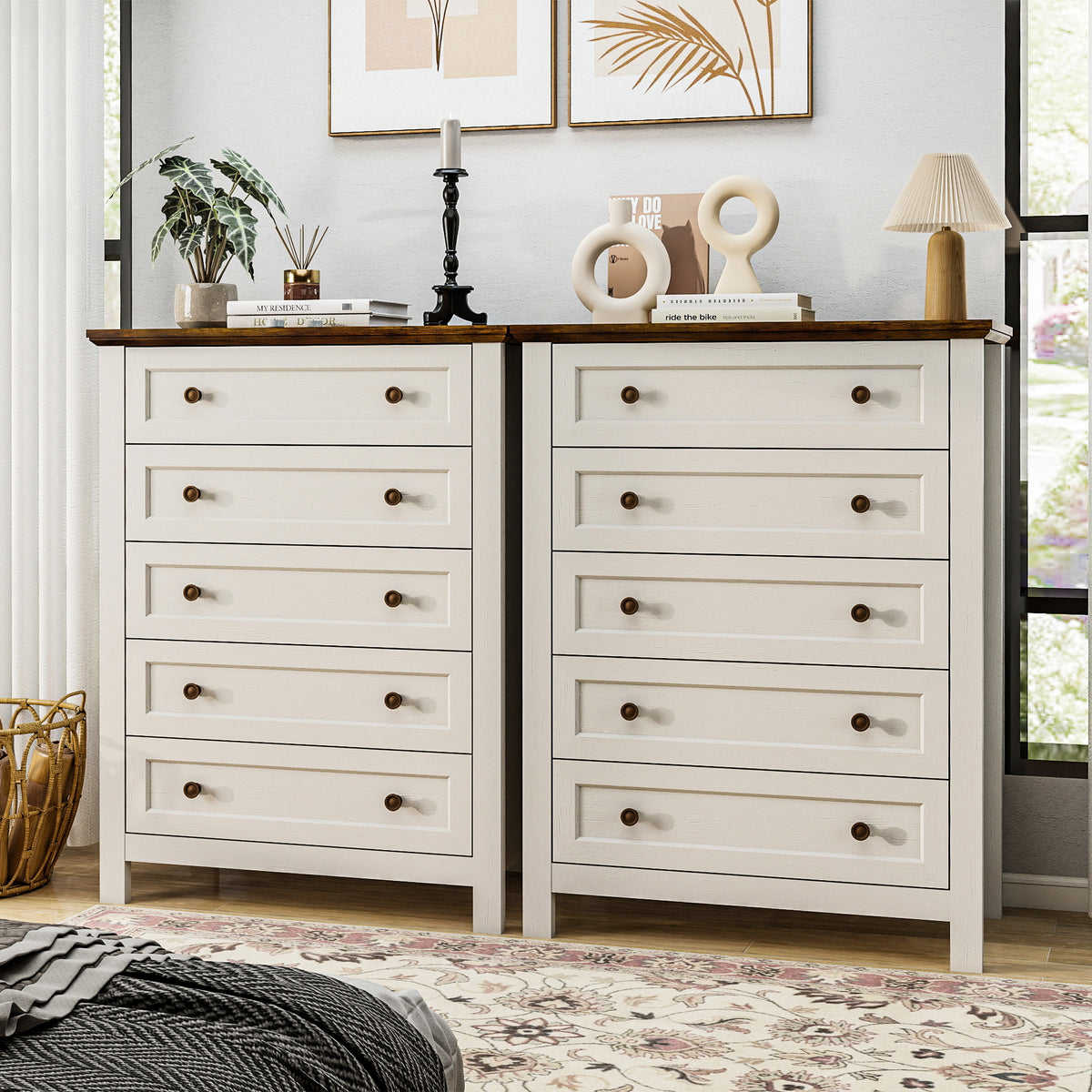 Goealvce 5 Drawer Dresser for Bedroom, Retro Wood Storage Cabinet with Bronze Handles, Vintage Chest of Drawers with Large Storage Space for Living Room, Hallway, Entryway, Guest Room, White