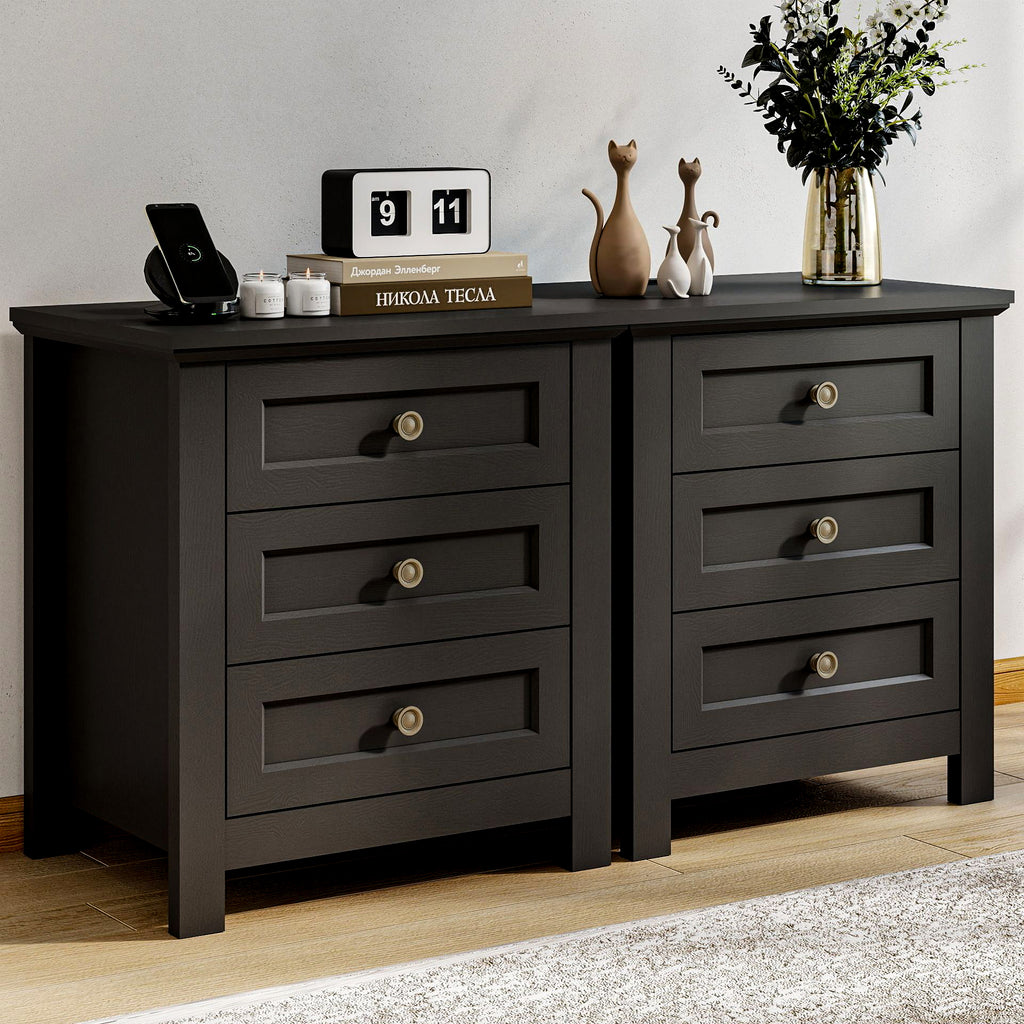 Goealvce 3 Drawer Nightstands for Bedroom Set of 2 , Farmhouse Night Stand with Charging Station, wood Rustic Bedside Table Night Stands for Bedroom, Living Room, Black