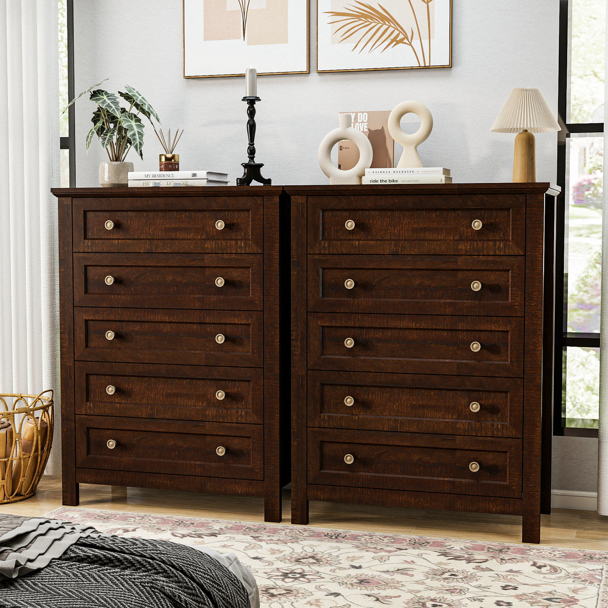 Goealvce 5 Drawer Dresser for Bedroom, Retro Wood Storage Cabinet with Bronze Handles, Vintage Chest of Drawers with Large Storage Space for Living Room, Hallway, Entryway, Guest Room, Walnut Brown