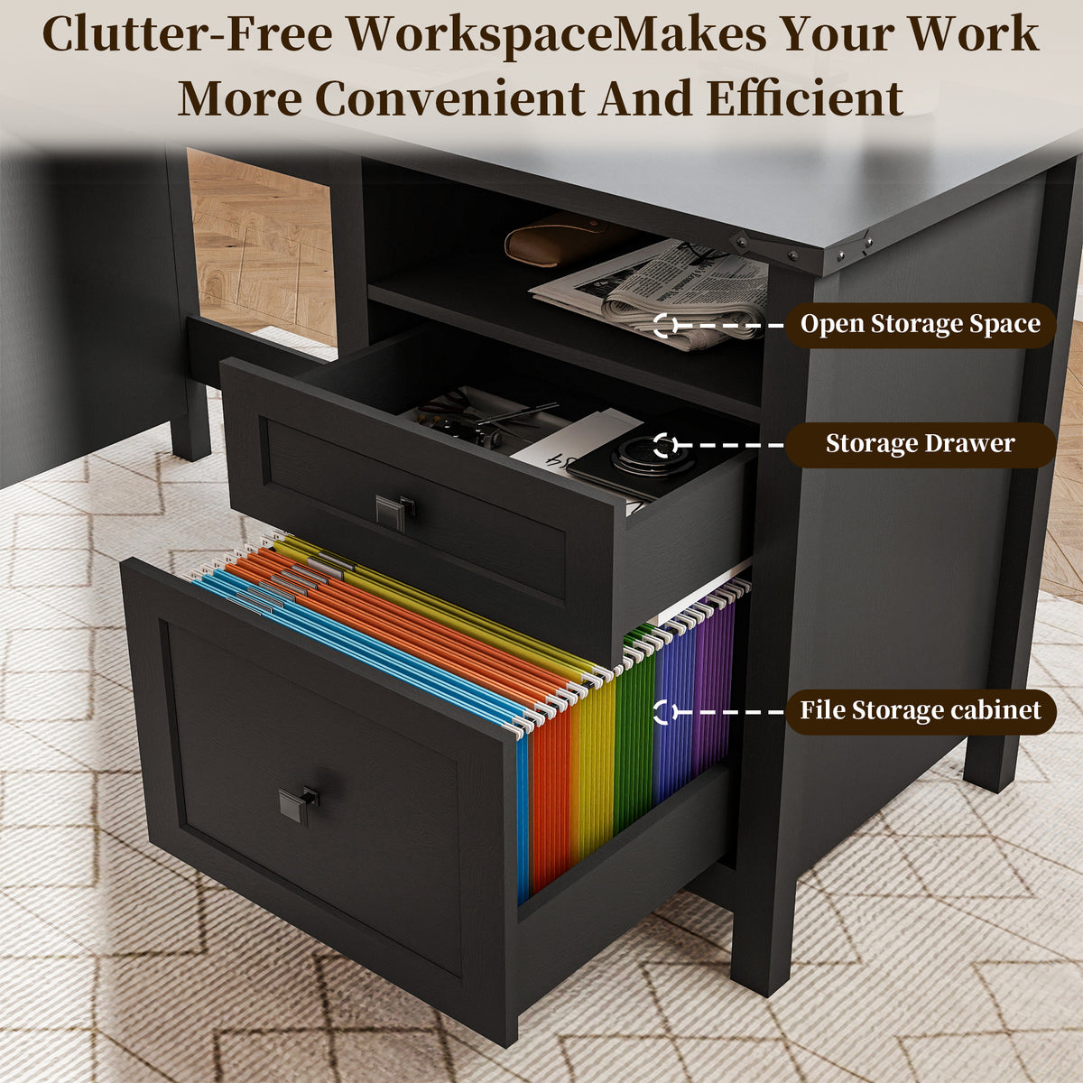 Goealvce 45"Executive Desk , Farmhouse Office Desk with Drawers & Cabinet, Small Office Computer Desk for Writing Reading, Black