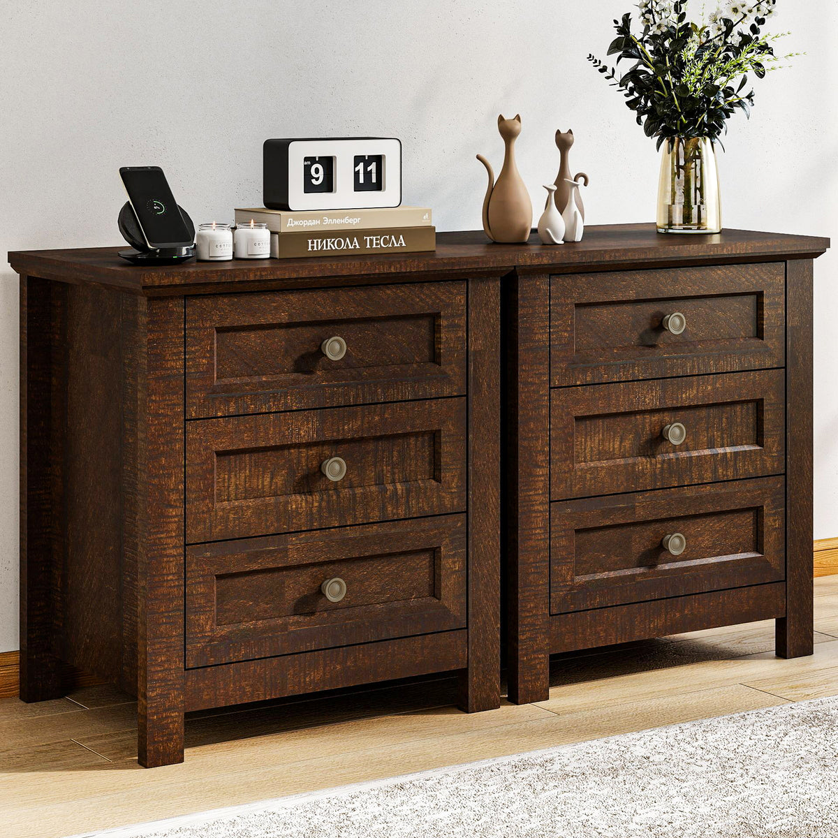 Goealvce 3 Drawer Nightstands for Bedroom Set of 2 , Farmhouse Night Stand with Charging Station, wood Rustic Bedside Table Night Stands for Bedroom, Living Room, Nursery, Walnut Brown