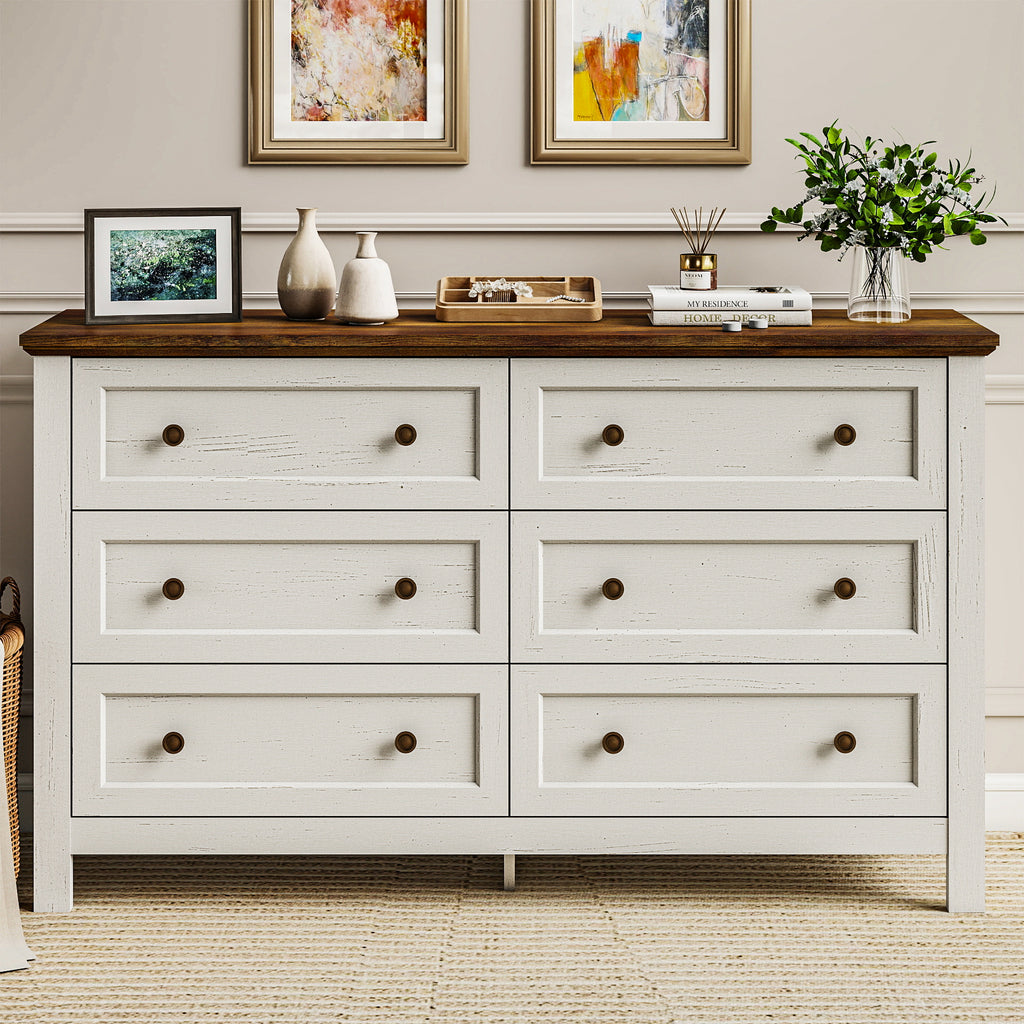 Goealvce 6 Drawer Dresser for Bedroom, Wood Chest of Drawer with Large Storage Space, Retro Storage Cabinet for Living Room, White