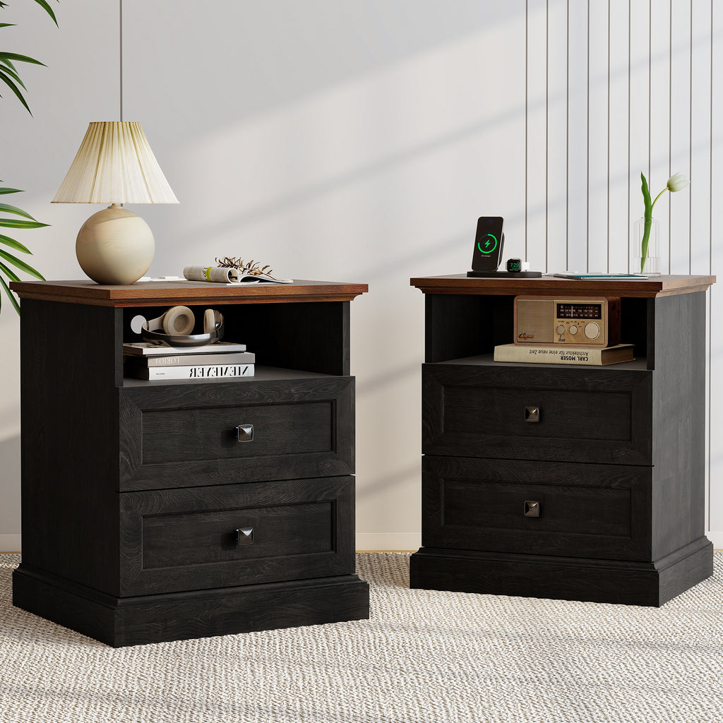 FIAKOA Night Stand Set of 2 with Charging Station,Bedside Table with 2 Drawers Storage and Open Shelf,Nightstand with Outlets, Modern Wood End Table for Bedroom Office, Espresso