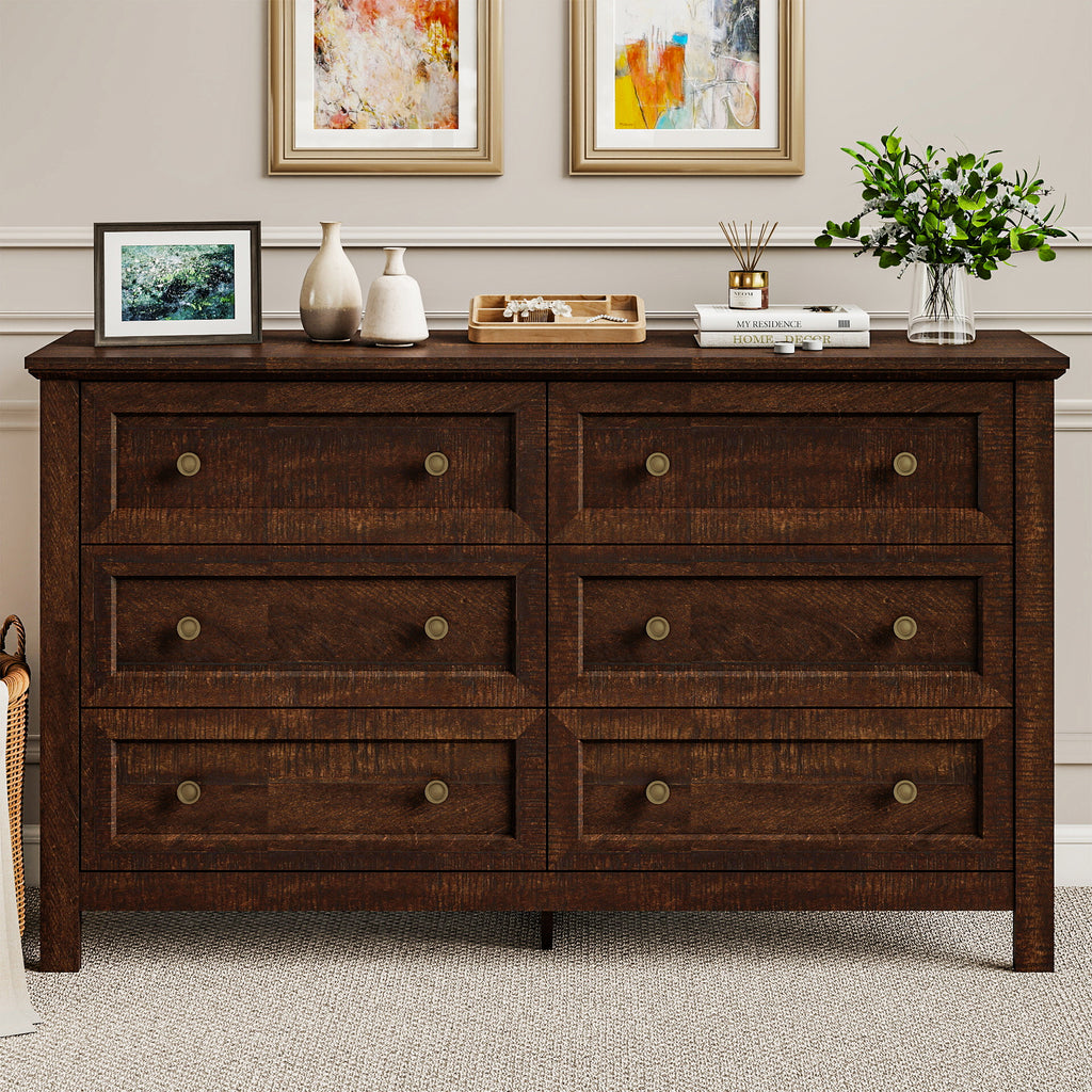 Goealvce 6 Drawer Dresser for Bedroom, Wood Chest of Drawer with Large Storage Space, Retro Storage Cabinet for Living Room, Walnut Brown