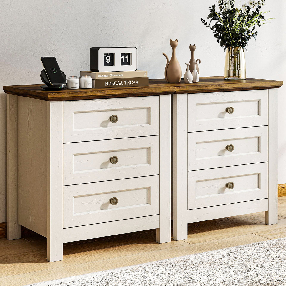 Goealvce 3 Drawer Nightstands for Bedroom Set of 2 , Farmhouse White Night Stand with Charging Station, wood Rustic Bedside Table Night Stands for Bedroom, Living Room, Nursery, Dorm