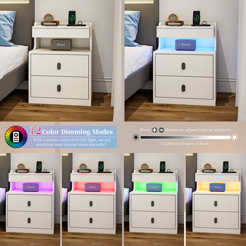 Goealvce 2 Drawer Nightstands for Bedroom Set of 2 with Charging Station & LED Lights, Farmhouse White Night Stand with Open Shelf, wood Rustic Bedside Table Night Stands for Bedroom
