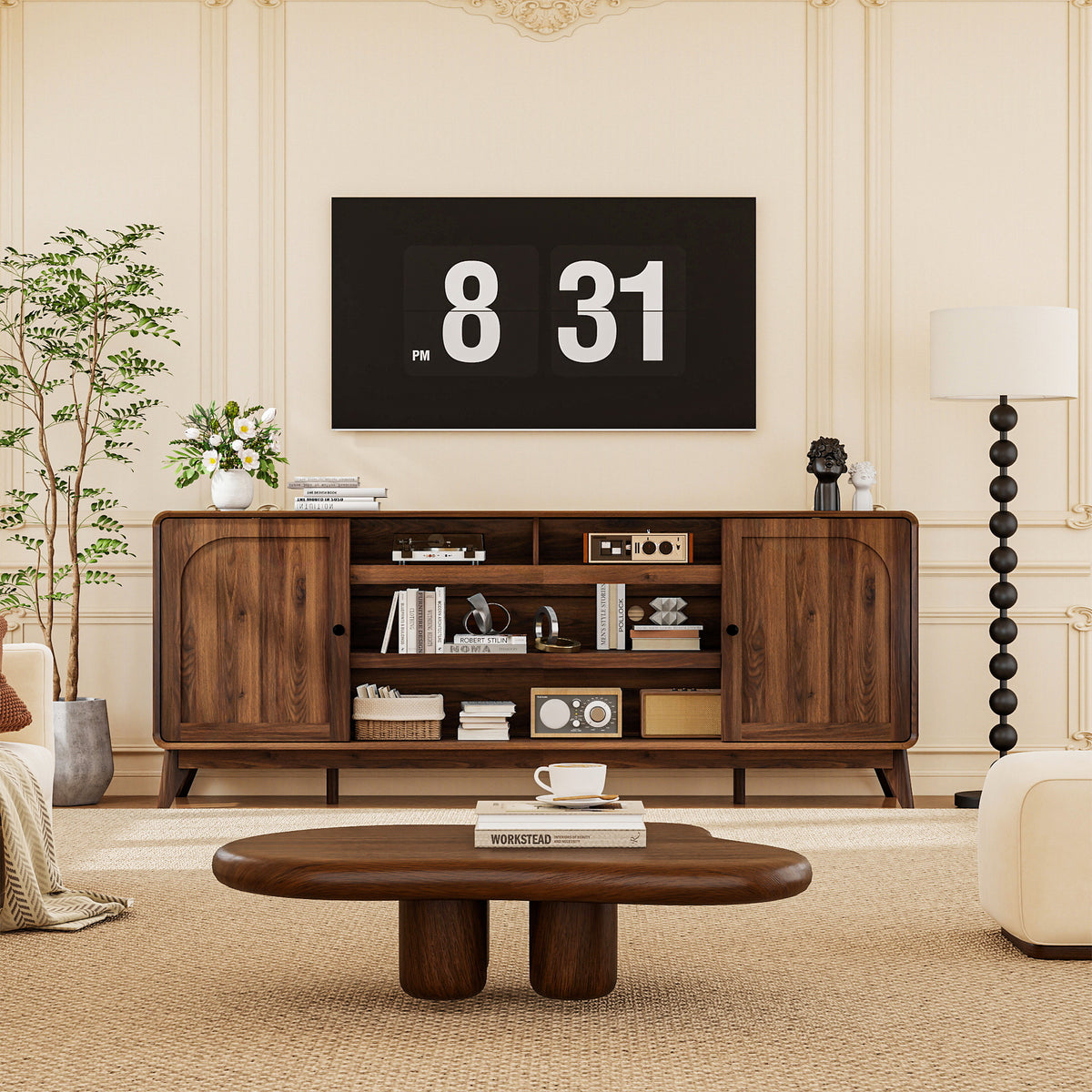 FIAKOA 70 inch Farmhouse TV Stand for 75 inch TV, Mid Century Entertainment Center with Movable Door & Fireplace Insert Ready, Modern Media Console Table for Living Room, Walnut Brown