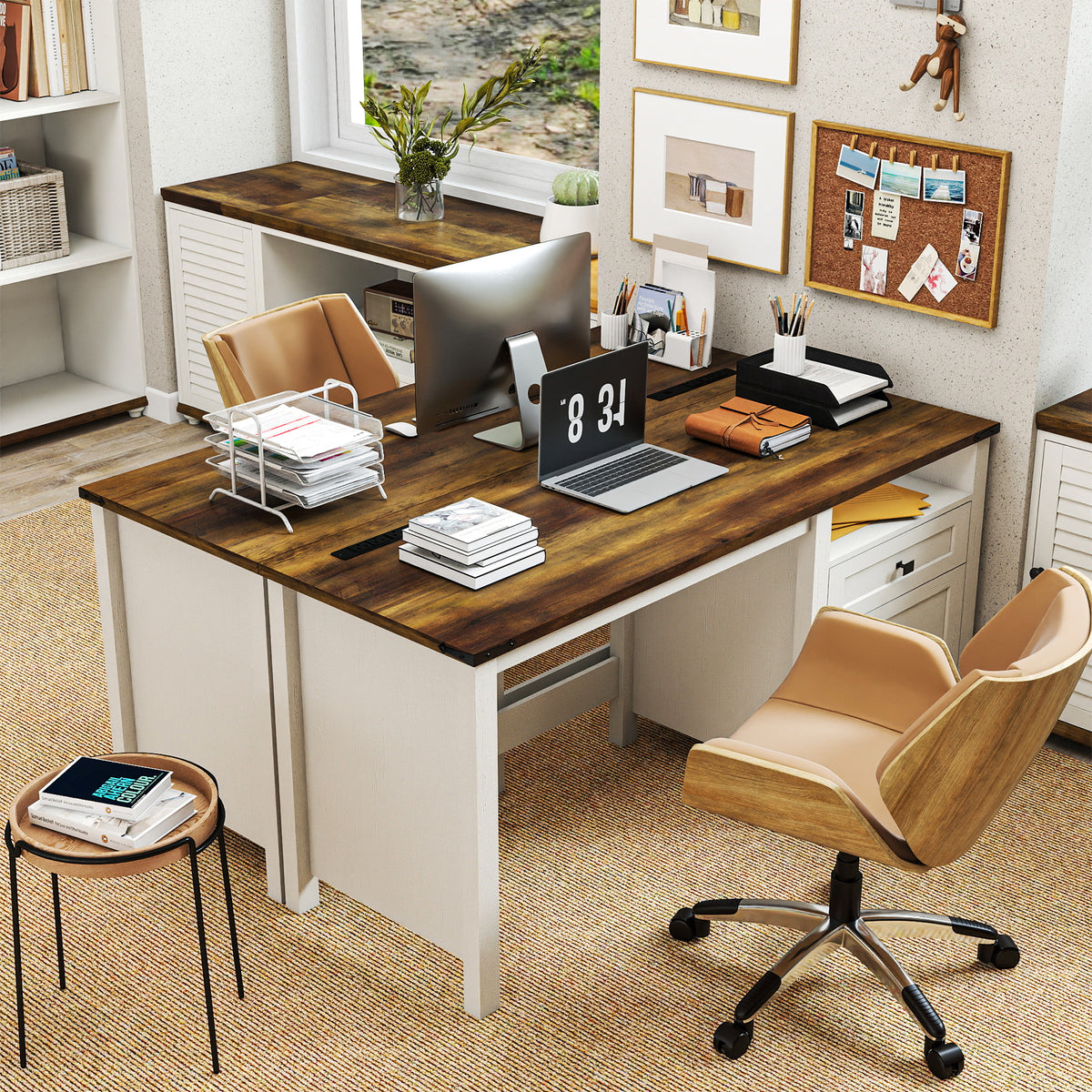 Goealvce 45"Executive Desk , Farmhouse White Desk with Drawers & Cabinet, Small Office Computer Desk for Writing Reading