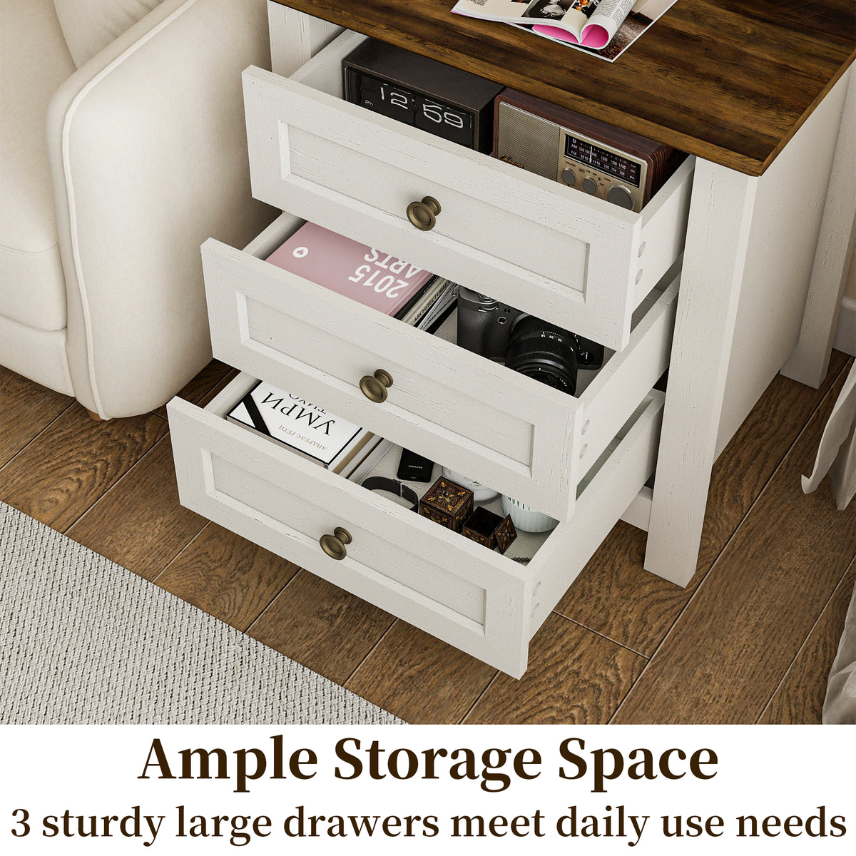 Goealvce 3 Drawer Nightstands for Bedroom Set of 2 , Farmhouse White Night Stand with Charging Station, wood Rustic Bedside Table Night Stands for Bedroom, Living Room, Nursery, Dorm