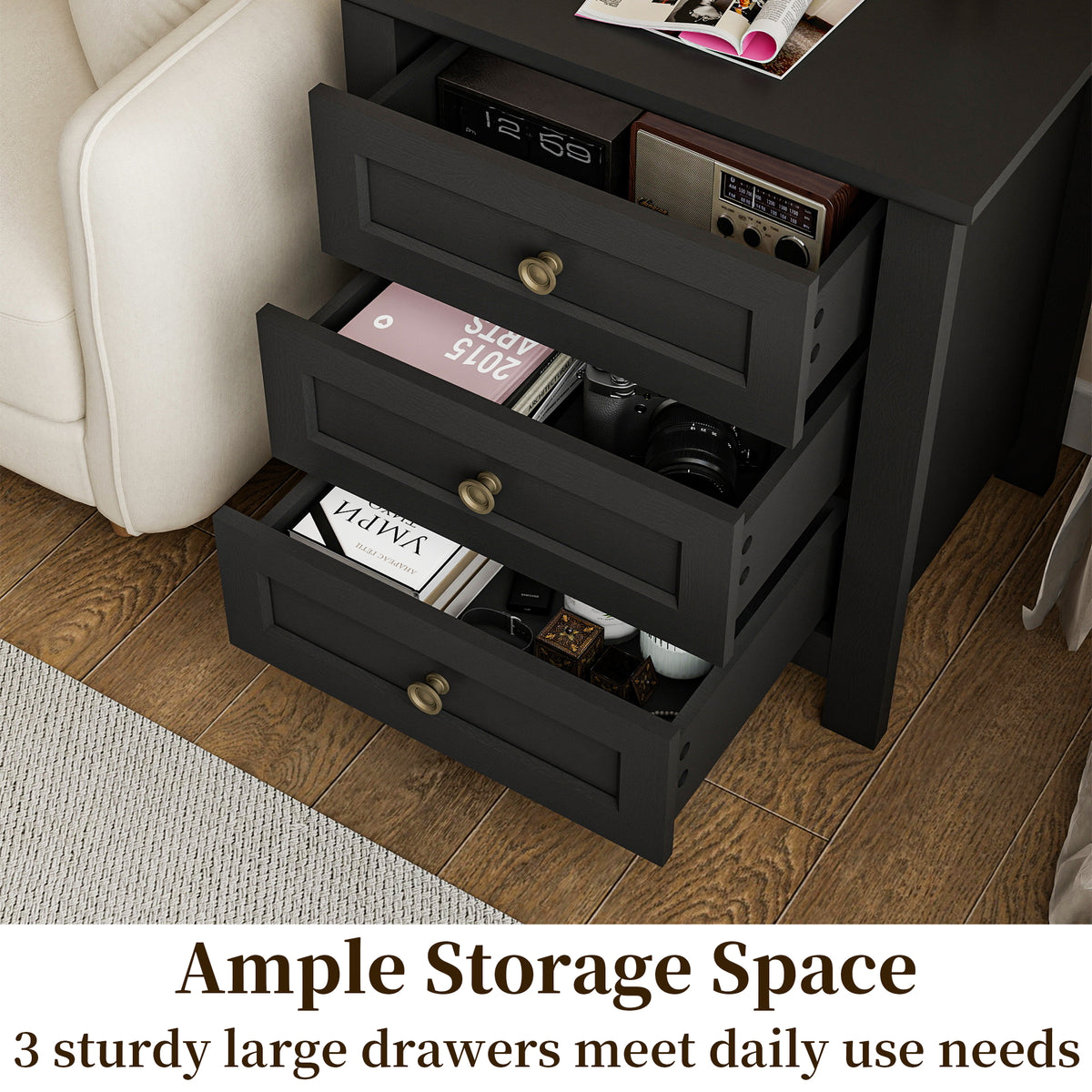Goealvce 3 Drawer Nightstands for Bedroom Set of 2 , Farmhouse Night Stand with Charging Station, wood Rustic Bedside Table Night Stands for Bedroom, Living Room, Black