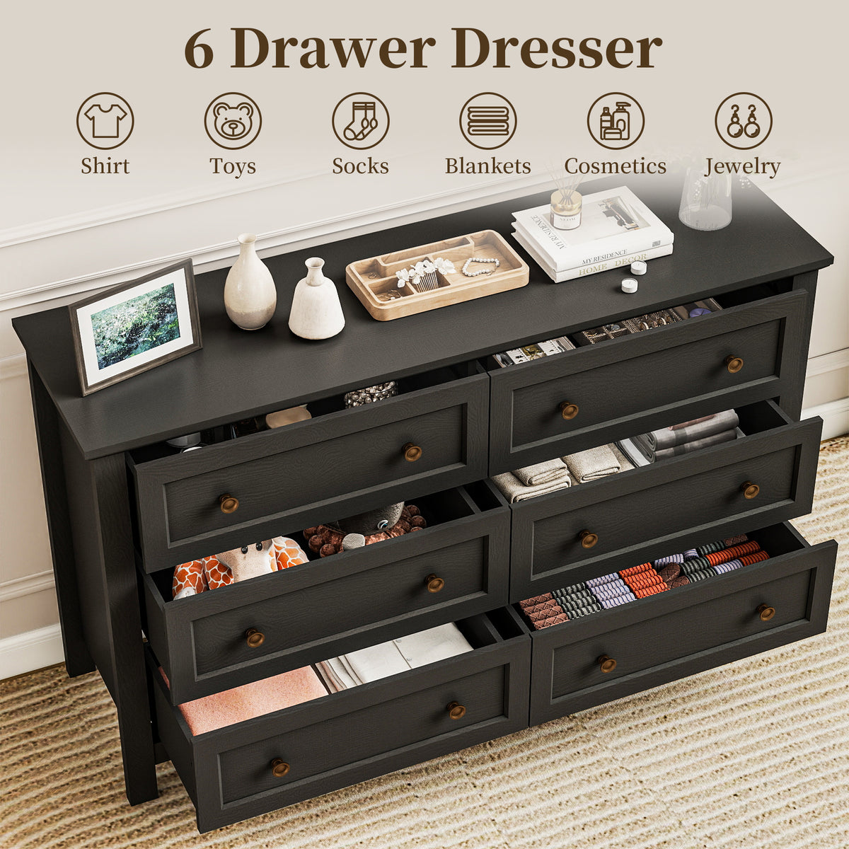 Goealvce 6 Drawer Dresser for Bedroom, Wood Chest of Drawer with Large Storage Space, Retro Storage Cabinet for Living Room, Black
