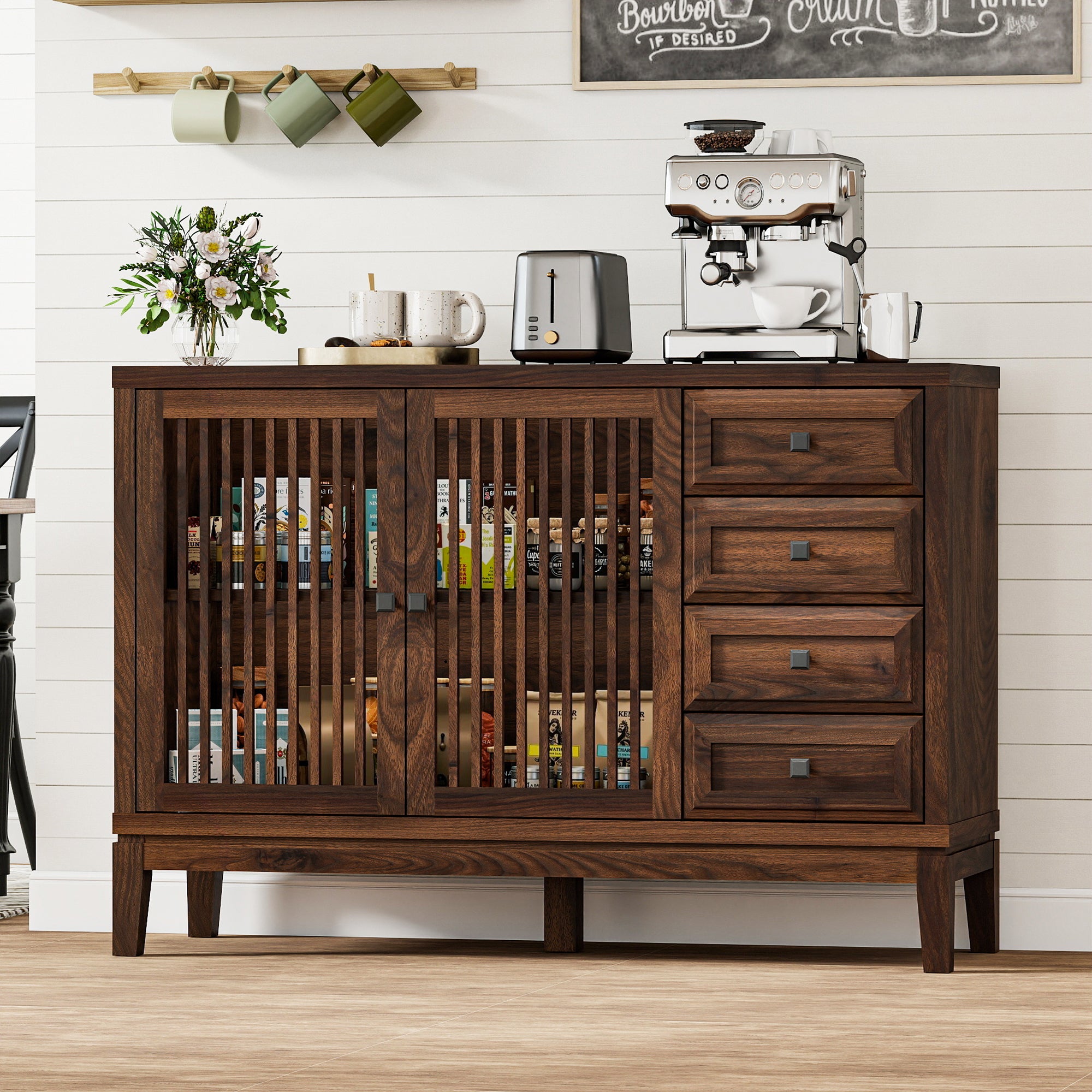 FIAKOA 47" Farmhouse Buffet Cabinet with Storage, Walnut Brown Sideboard Cabinet with Grille-Striped Doors & Adjustable Shelf, Kitchen Coffee Bar Credenza for Dining Room