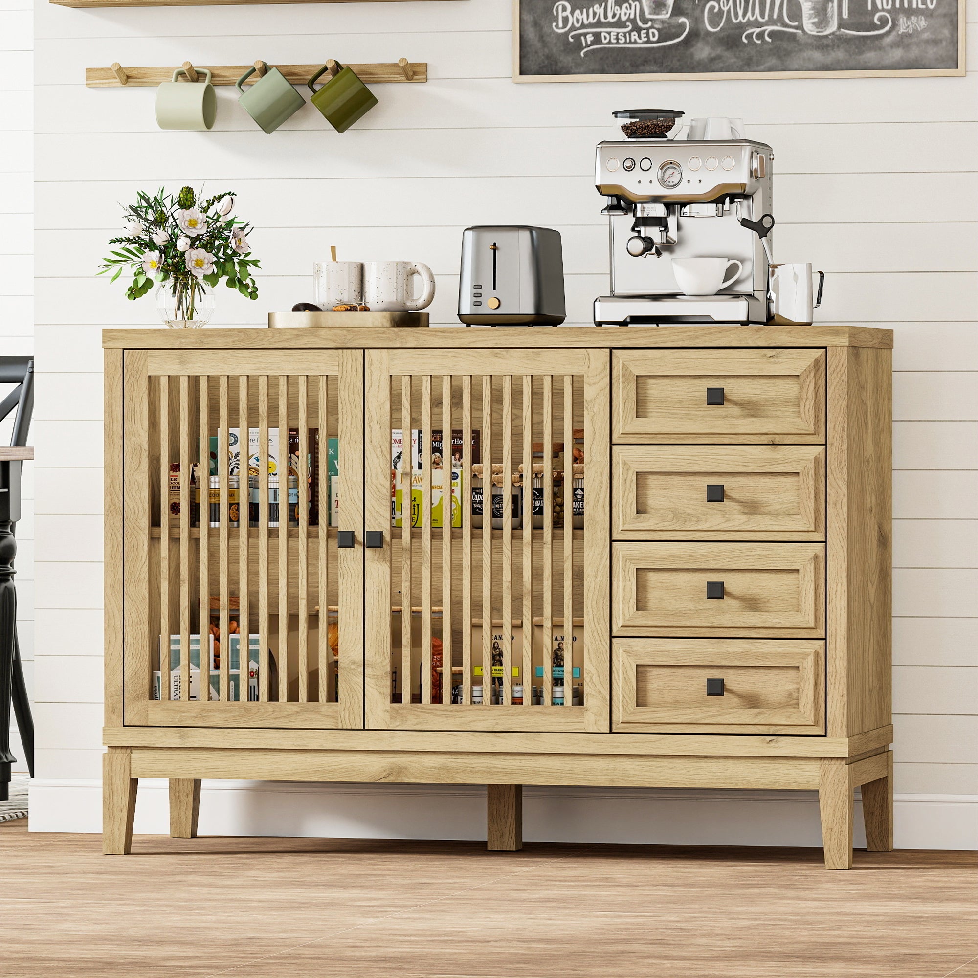 FIAKOA 47" Farmhouse Buffet Cabinet with Storage, Nature Sideboard Cabinet with Grille-Striped Doors & Adjustable Shelf, Kitchen Coffee Bar Credenza for Dining Room