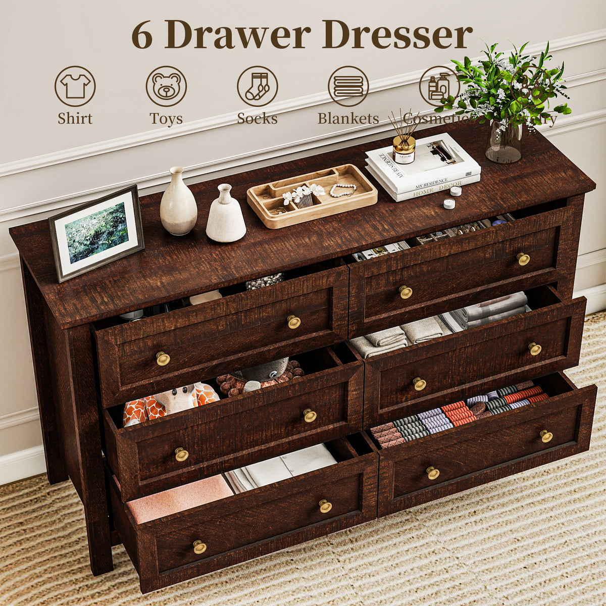 Goealvce Bedroom Dresser Set & Nightstands set for Bedroom, Farmhouse Complete Bedroom Furniture Set with Spacious Storage, 4 Piece, Walnut Brown