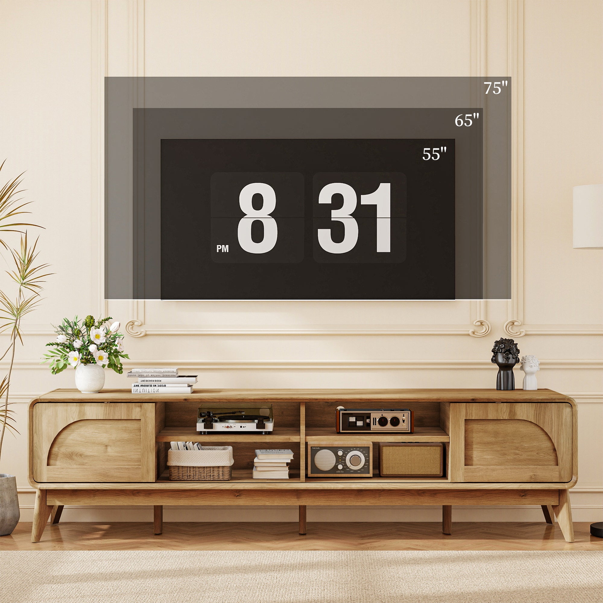 FIAKOA 70 inch Farmhouse TV Stand for 75 inch TV, Mid Century Entertainment Center with Movable Door & Adjustable Shelf, Modern Media Console Table for Living Room, Nature