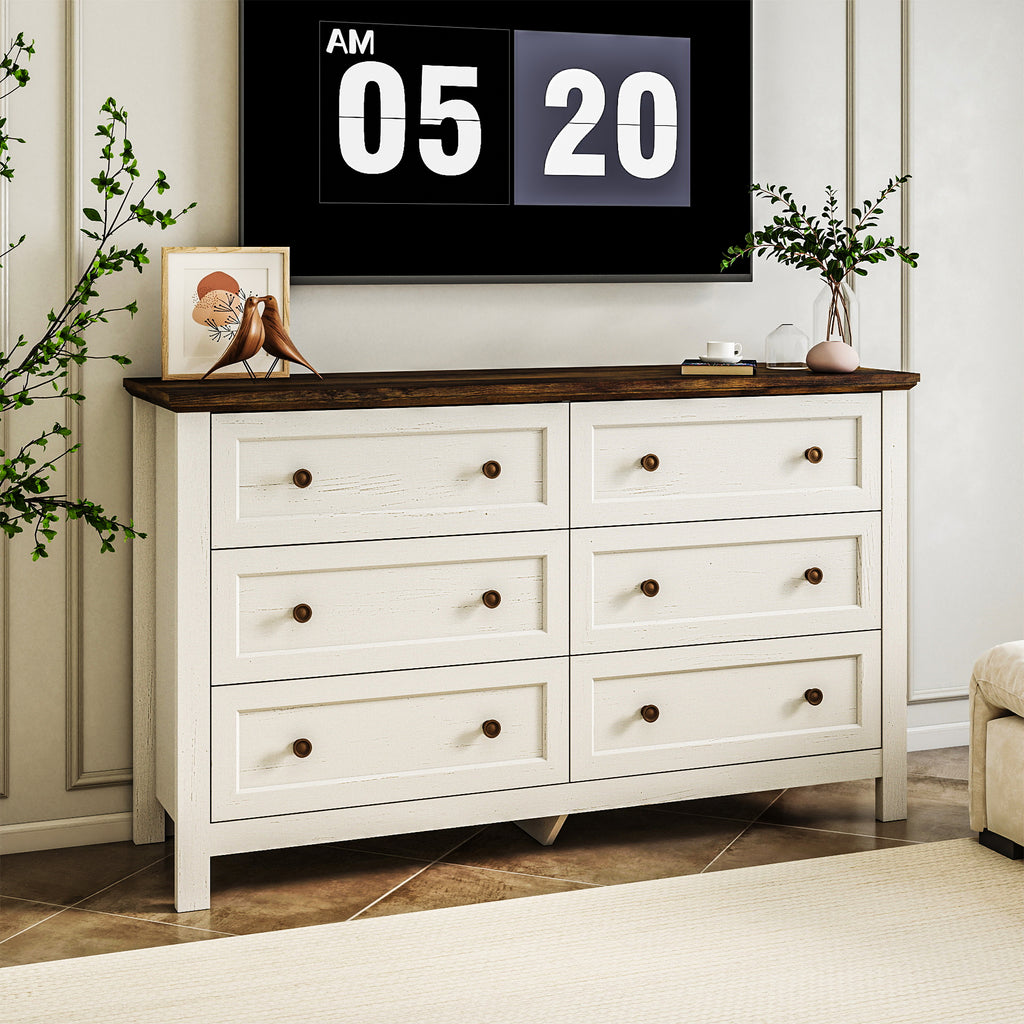 Goealvce 6 Drawer Dresser for Bedroom, Wood Chest of Drawer with Large Storage Space, Retro Storage Cabinet for Living Room, White