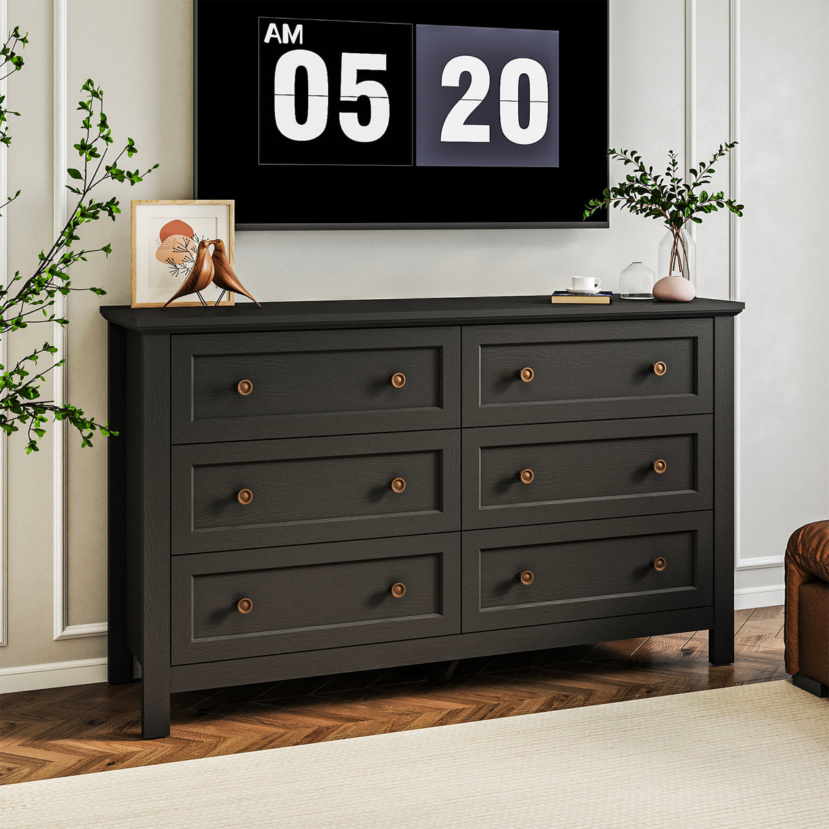 Goealvce 6 Drawer Dresser for Bedroom, Wood Chest of Drawer with Large Storage Space, Retro Storage Cabinet for Living Room, Black