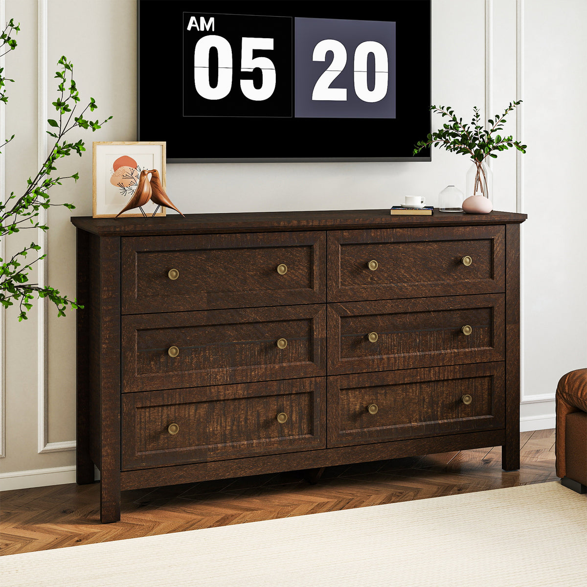 Goealvce 6 Drawer Dresser for Bedroom, Wood Chest of Drawer with Large Storage Space, Retro Storage Cabinet for Living Room, Walnut Brown