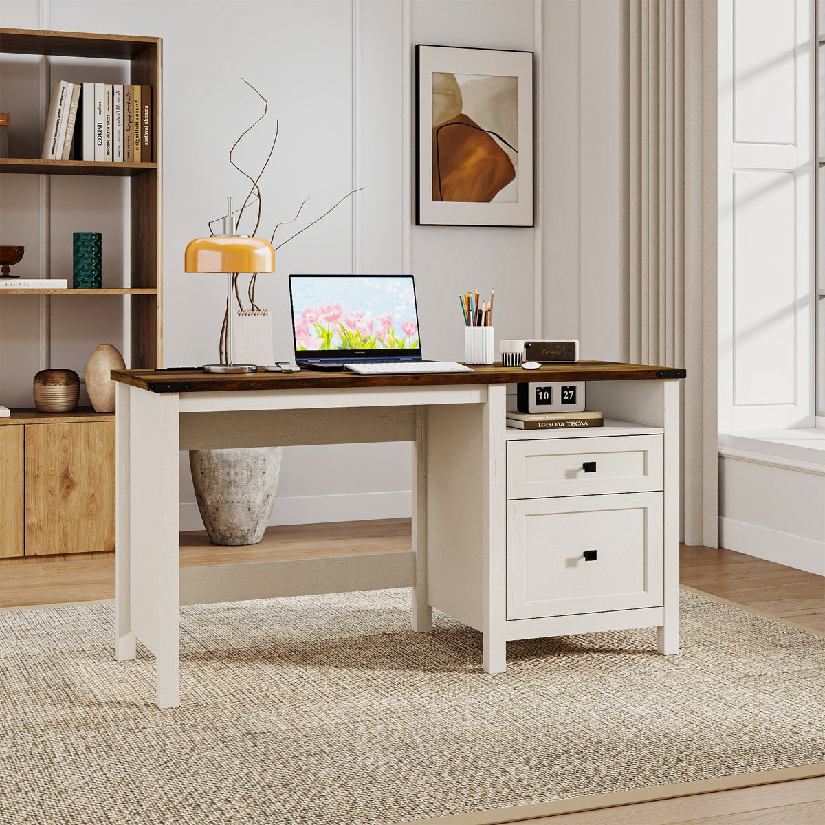 Goealvce 45"Executive Desk , Farmhouse White Desk with Drawers & Cabinet, Small Office Computer Desk for Writing Reading